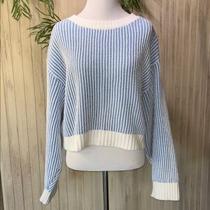 Arizona Jean Striped Cream and Blue Cropped Beach Sweater, Small, NWT